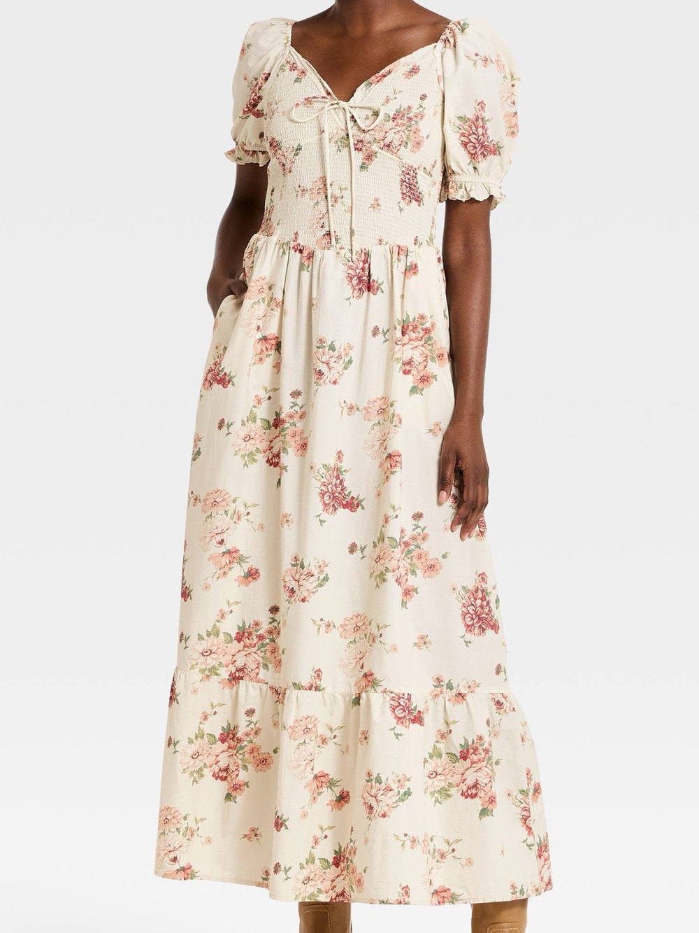 New Floral Feminine Puff Sleeve 100% Cotton Smock Tiered Cottagecore Maxi Dress
